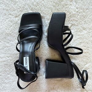 Steve Madden Black Strappy Block Sandals Leather Buckle Women's Size 6.5